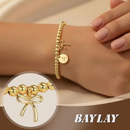 BAYLAY Gold Beaded Bracelets for Women-Initial Bracelet Dainty Gold Bracelets for Women Bead Bracelet Bow Jewelry for Mom Girlfriend Pulseras Para Mujer Valentine Birthday Gifts Waterproof Non Tarnish - Thumbnail 2