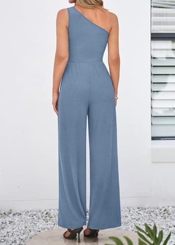 KIRUNDO One Shoulder Jumpsuits For Women Dressy Summer Formal One Piece Ribbed Wide Leg Romper Pockets Cocktail Party Outfits(Dusty Blue, X-Large) - Thumbnail 2