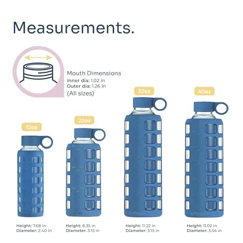purifyou 40oz / 32oz / 22oz / 12oz Borosilicate Glass Water Bottle with Time & Volume Markers, Silicone Sleeve, Stainless Steel Lid | Reusable Glass Bottle for Water & Juice (22oz Chinese Porcelain) - Thumbnail 2