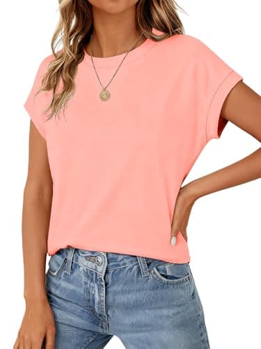 Womens Crop Tops Cap Sleeve T Shirts Cotton Crewneck Loose Fit Trendy Short Sleeve Tops for Women 2026 Coral - Thumbnail 2