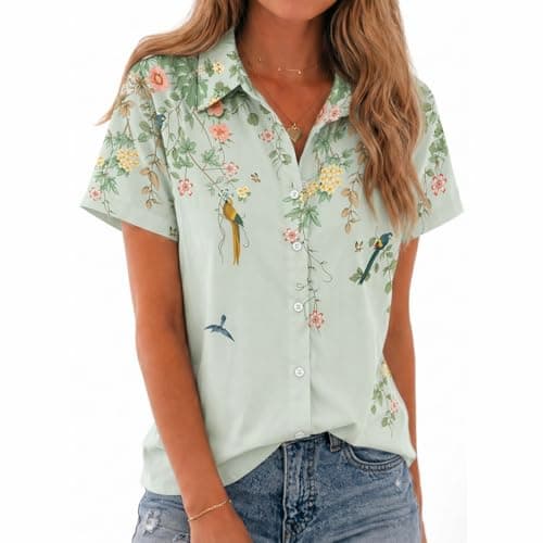 Chicwave Women's Short Sleeve Button Down Shirt, Collared V Neck Floral Print Blouse, Lightweight Casual Work Top for Travel, Vacation, Daily Wear, Light Green