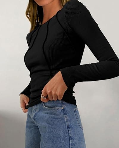 KIRUNDO Ribbed Long Sleeve Tops for Women Stretch Slim Basic Crop Tee Exposed Seams 2026 Spring Fall Fashion Trendy Tshirt(Black, Large) - Thumbnail 6