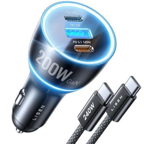 LISEN 200W Car Charger USB C Fast Charge [Gan] PD 140W Fast Car Charger USB C, 3 Port Type C Fast Charging for Multi Device, for iPhone 17 16 15 14 13 12, MacBook Neo, Laptop, iPad, Samsung S26 S25 - Image 1