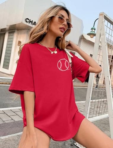 Baseball Shirts Women Oversized: Baseball Mom Tshirt Hey Batter Batter Swing Graphic Tee Ballparks Tops Red - Thumbnail 2
