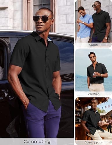 PJ PAUL JONES Mens Short Sleeve Button Down Shirts Wrinkle Free Untucked Dress Shirts for Men Stretch Collared Shirt Solid Regular Fit Black - Thumbnail 4