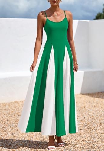 PRETTYGARDEN Women's 2026 Spring Spaghetti Strap Maxi Dress Stretch Sexy Flowy Dress Backless Wedding Guest Long Dresses (Green White, XX-Large) - Thumbnail 3