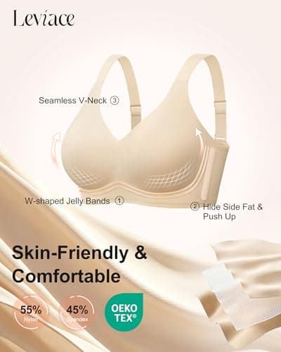 leviace Wireless Jelly Bras for Women with Support - Anti-Slip Wide Straps Push Up Full Coverage Plunge Seamless Padded T-Shirt Bralette No Underwire Soft Invisible Back Smoothing Sleep Bra, Nude, XL - Thumbnail 4