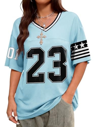 TAKEYAL Jersey Shirts for Women Oversized V Neck Tshirts Graphic Tees Y2K Streetwear Summer Tops Trendy X-Large Blue - Image 1