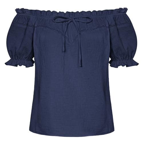 Peasant Blouse for Women Off Shoulder Puff Sleeve Cotton Loose Summer Tops Navy S - Image 1