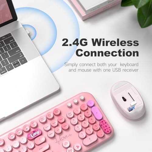 Atelus Wireless Keyboard and Mouse, Typewriter Full Size Keyboard with Number Pad and 2 in 1 USB Connected Mouse for Windows 7/8/10, Laptop, Desktop, PC, Computer (Pink Colorful) - Thumbnail 2