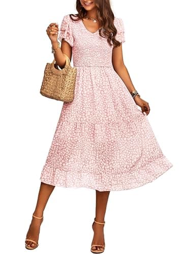 BTFBM Women Casual Summer Short Ruffles Tiered Sleeve Smocked Midi Dresses Bohemian Floral V Neck Wedding Guest Long Dresses(Floral Pink,Small) - Image 1