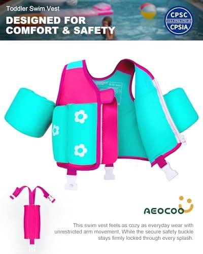 AEOCOO Kids Pool Floaties 1-2-3-5-7-9 Years Old, Toddler Swim Vest 20-30-50-70 Pounds, Comfortable Extended Wear Kids Float Jacket with Crotch Strap, Bright Design and Unpadded Sides, Pink - Thumbnail 2