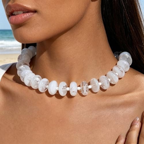 Clear White Swirl Chunky Beaded Choker Necklace for Women - Bold Statement Large Acrylic Beads Collar, Trendy Summer Vacation Jewelry Gifts for Mothers Day, Daily Casual Minimalist Necklace - Thumbnail 2