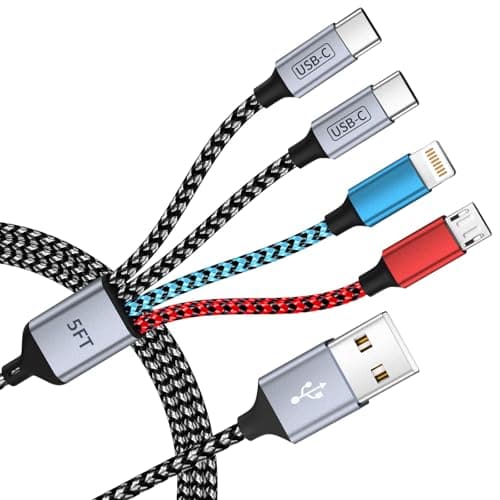 Dual Type-C USB Multi Charging Cable with 2 USB-C/IP/Micro Port, 4 in 1 Chargers for Multiple Devices, Travel Essentials USB Cable Phone Charger Cord for iPhone 17 16 15 14/Android/Tablet/iPad(5FT) - Image 1