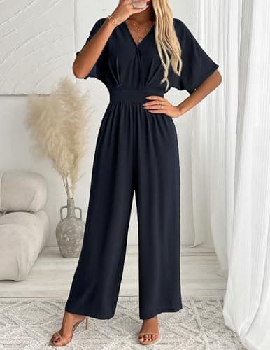 LOOKBOOK Womens Jumpsuit V Neck Batwing Sleeve Belted High Waist Wide Leg Romper with Pockets Casual One Piece Outfits Navy M - Thumbnail 2