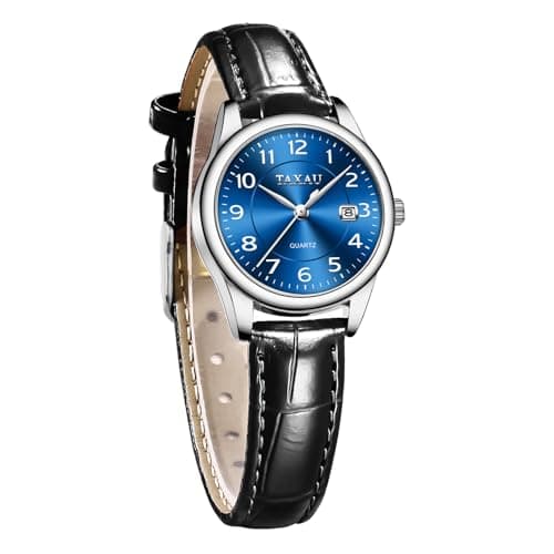 Taxau Womens Leather Watch Ladies Watches with Date Waterproof Dress Watches for Women Blue Dial Analog Quartz Elegant Female Small Wrist Watch Large Number Black Strap Reloj para Mujer
