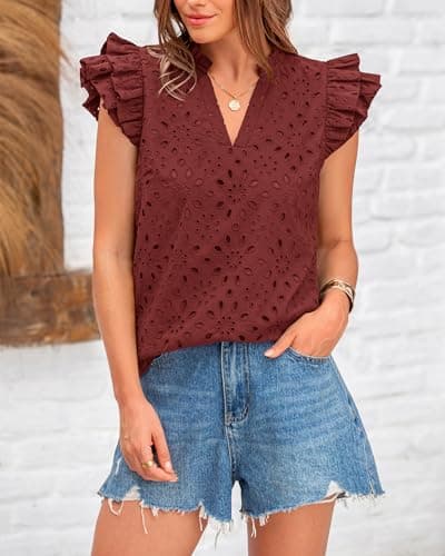 BTFBM Summer Eyelet Tops for Women 2026 Dressy Casual Spring V Neck Ruffle Cap Sleeve Embroidered Blouses Resort Wear(Brown Red, Small) - Thumbnail 5