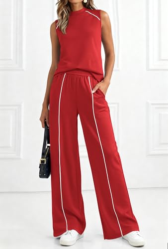 BTFBM Womens 2 Piece Lounge Set 2026 Striped Travel Outfits Sweatsuit Mock Neck Tank Top Wide Leg Pants Casual Activewear(Red, Large) - Thumbnail 3