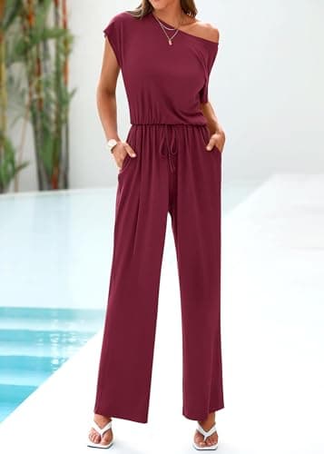 KIRUNDO Womens Jumpsuit 2026 Casual Summer Loose One Piece Off Shoulder Elastic Waist Wide Leg Long Romper with Pockets(Wine Red, Small) - Thumbnail 5