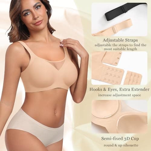 Ganado Wireless Bras for Women Full Coverage Mesh Seamless Supportive Comfortable Bras No Wire T Shirt Bra Padded Bralette (Beige, 3X-Large) - Thumbnail 5