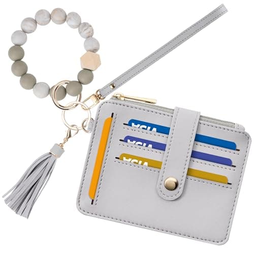 Airkit Wristlet Wallets for Women, Keychain RFID Blocking Credit Card Holder, Small Girly Wallet with Bracelet, Silicone Beaded Tassel Key Ring Card Holder, Grey - Image 1