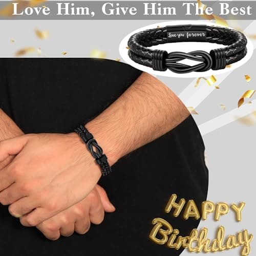 Btysun 80th Birthday Gifts for Men,Men Birthday Gift Ideas Leather Bracelets for Men Black Infinity Knot Bracelets for Men Dad Birthday Gifts - Thumbnail 2
