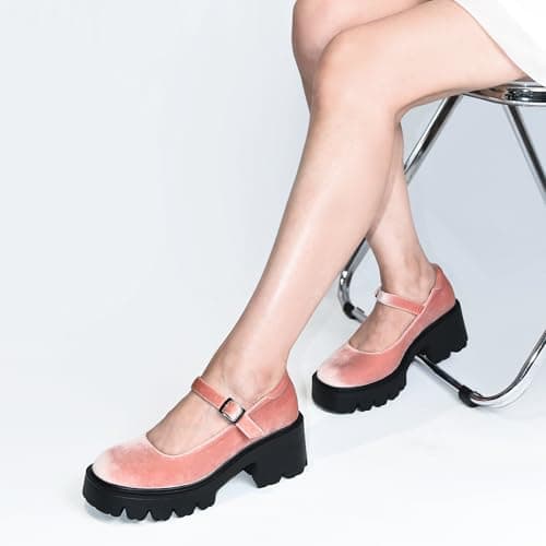 Elvora Women's Mary Jane Shoes - Platform Mary Janes for Women, Pink Velvet Round Toe Chunky Dress Shoes with Adjustable Ankle Strap - Thumbnail 5