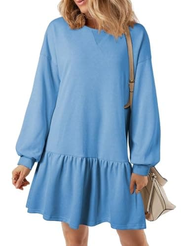 BLENCOT Womens Sweatshirt Dresses Long Sleeve Crewneck Early Fall Ribbed Knit Ruffle Hem Loose Pullover Casual Outdoor Mini Tennis Athletic Dress Blue Small - Image 1