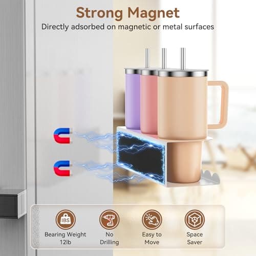Chewlish Magnetic Stanley Cup Holder for Fridge, Water Bottle Holder for Stanley 30&40 oz and Tumbler Organizer for Kitchen, Metal Stanley Cup Accessories, 2 Pack, White - Thumbnail 2