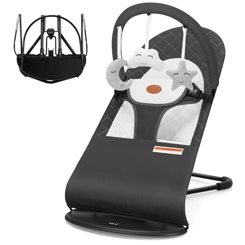 HKAI Baby Bouncer, Portable Baby Bouncer Seat for Babies 0-18 Months, 100% Cotton Fabrics, 3 Modes of use with Rocker and Stationary Options, Infant Rocker Chair with Hanging Toys-Dark Grey - Image 1