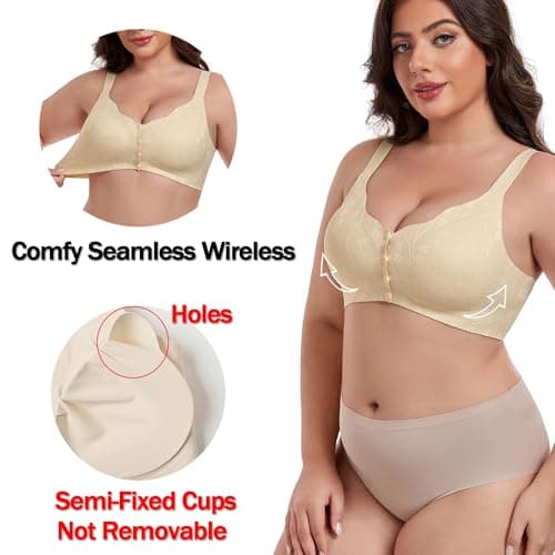 Women's Daisy Bras Front Snap Closure No Underwire Comfortable Soft Seamless Wireless Lace Bralettes Senior Full Coverage Anti Saggy Breast Tshirt Everyday Bra Apricot, L - Thumbnail 3
