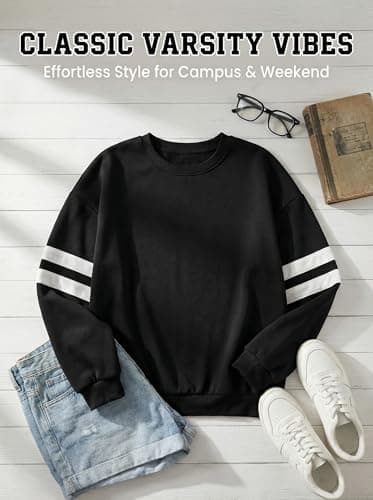 KevaMolly Women Varsity Striped Drop Shoulder Sweatshirt Black S - Thumbnail 6