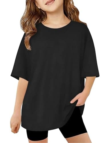 PATPAT Girls Black Oversized T Shirts Size 5-6 Years Short Sleeve Crewneck Loose Fit Baggy Tops Little Girl Summer Casual Basic Tees - Image 1