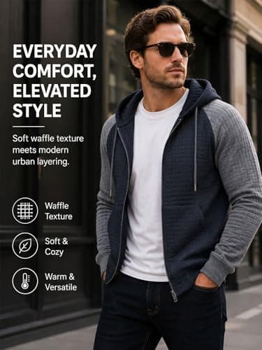 Men's Lightweight Waffle Knit Hoodie Drawstring Long Sleeve Sweatshirt Plaid Jacquard Zip Up Casual Jacket with Pocket - Thumbnail 2