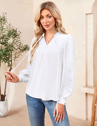 LOOKBOHO Womens Dressy Blouses Casual Mexican Floral Embroidered Long Sleeve Shirts V Neck Pleated Loose Fit Boho Tops S - Thumbnail 2