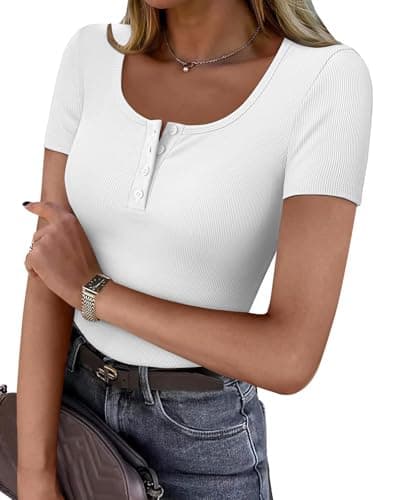 GKBK Womens White Short Sleeve Shirts Ribbed Slim Fitted Tight Henley Shirts Scoop Neck Cute Basic Tee Tshirts Spring Summer Tops 2025 Trendy White XS - Image 1