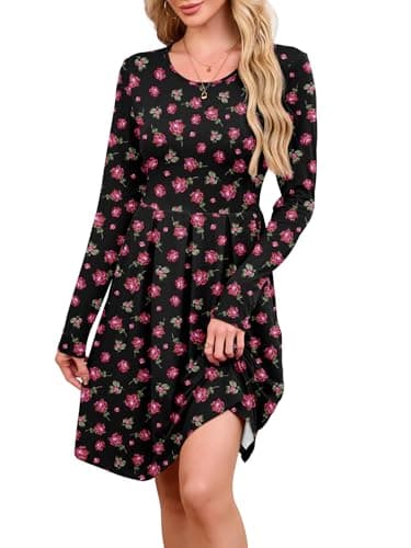 KORSIS Dresses for Women Casual Swing T-Shift Fall Long Sleeve Crewneck Pleated Babydoll High Waist Tunic Dress with Leggings Navy Blue Pink Bouquet XL - Image 1