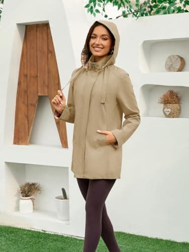 MODERN BUBBLE Womens Long Hooded Rain Jacket Waterproof Outdoor Hiking Raincoat Windbreaker Lightweight Trench Coat (US, Alpha, X-Large, Regular, Regular, Sandy) - Thumbnail 5