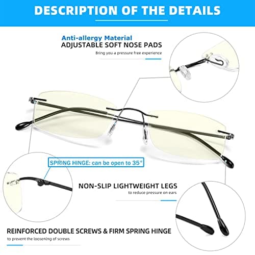 TOVEEN Titanium Rimless Reading Glasses Blue Light UV Blocking, Ultralight Frameless Spring Hinge Readers with Case for Men Women 2 Pair +2.5 - Thumbnail 3