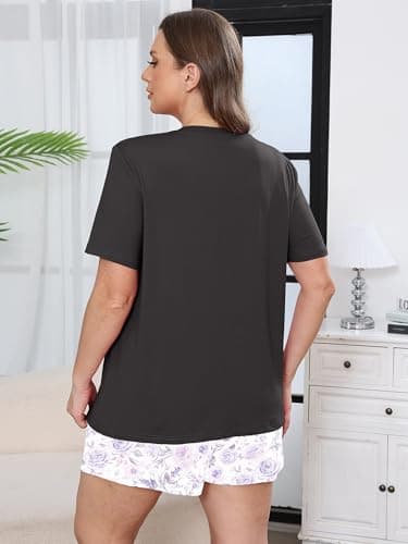 AusLook Plus Size Pajama Set for Women 2 Piece V Neck Short Sleeve Loungewear 4X Set with Pajama Printed Shorts Summer Sleepwear Loose Fit 1X-5X - Thumbnail 6