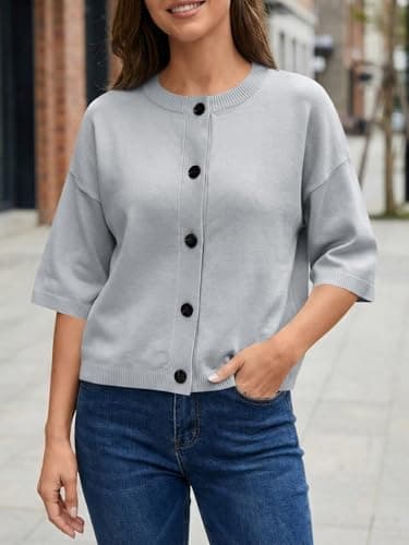 Saodimallsu Womens Short Sleeve Cardigan Sweaters Crew Neck Button Down Lightweight Casual Summer Knit Tops - Thumbnail 4
