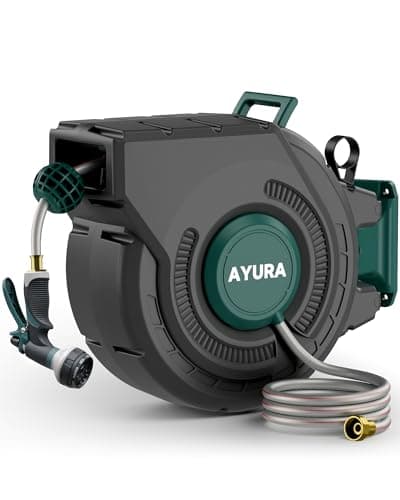 AYURA Retractable Garden Hose Reel 100 ft x 1/2 inch with Pro Metal Shaft, Heavy Duty Automatic Garden Hose Reels with Kink-Free Rewind and Lock at Any Length, Wall Mount Water Hose Reel for Outside - Image 1