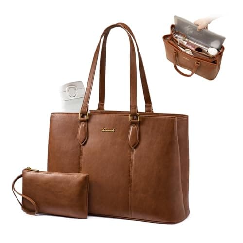 LOVEVOOK Laptop Tote Bag for Women, 17.3 Inch Vintage PU Leather Work Bag with Wristlet, Professional Computer Briefcase for Teacher,Office, Daily (Brown) - Image 1