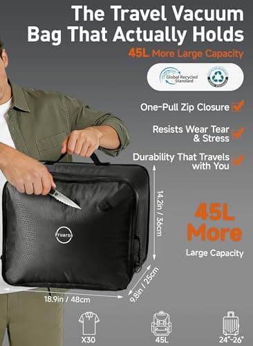 Vacuum Bags for Travel - 45L Oversized Compression Storage and Organization, 270° Open, Odor & IP68 Waterproof Anti-Rip Travel Vacuum Bags with Pump, TSA-Ready, Backpacks & Suitcases - Thumbnail 2