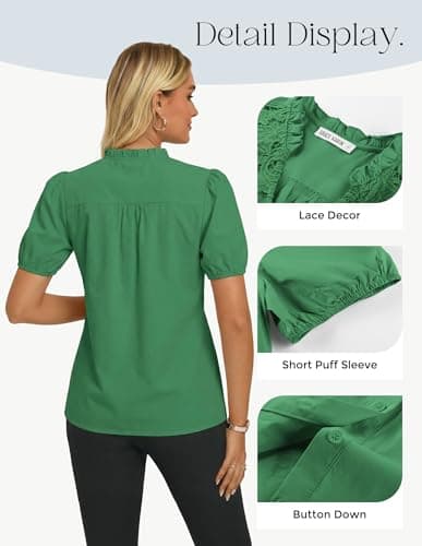 GRACE KARIN Women's 2026 Summer Casual Tops, Dressy Short Sleeve Lace Shirts, V Neck Button Down Work Blouses Outfits Shirt Green M - Thumbnail 5