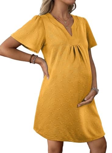 BLENCOT Womens Trendy Boho Loose Dress Split V Neck Short Sleeve Textured Embossed Casual Summer Swing Mini Dress Maternity Wearable Ginger Yellow M - Image 1