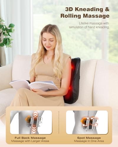 KINGJOY Back Massager for Pain Relief Deep Tissue, Full Back Massager with Heat, 3D Kneading Massage Pillow with 3 Intensities for Back, Neck, Shoulder, Spot Massage, Gifts for Women Man - Thumbnail 2