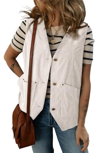 Dokotoo Womens Corduroy Vests for Women 2025 Trendy Button-Down Lightweight Waistcoat Summer Outfits Sleeveless Jacket Casual Vest with Pockets,White X-Large - Image 1