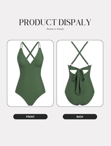 ZAFUL Swim Suits for Women 2026 Sexy One Piece Bathing Suit Cheeky Slimming Push Up Tummy Control Swimsuits Deep V Neck High Cut Beach Swimwear Double Straps Cross Back Tie Romper Swimsuits Green M - Thumbnail 6
