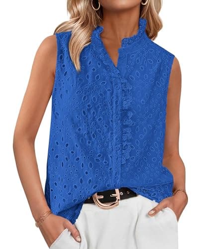 BTFBM Womens Sleeveless Button Down Shirts Ruffle V Neck Casual Hollow Out Eyelet Tops Boho Spring Vacation Blouse 2026(Blue, X-Large) - Image 1